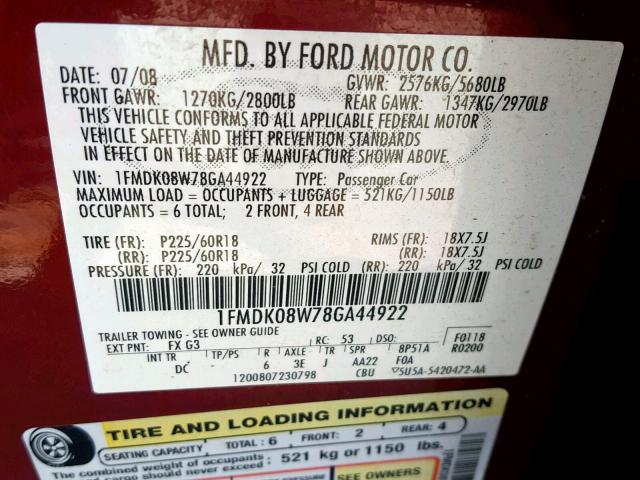 1FMDK08W78GA44922 - 2008 FORD TAURUS X E MAROON photo 10