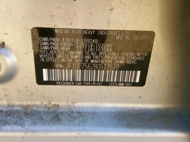 JF1GE75628G517539 - 2008 SUBARU IMPREZA WR SILVER photo 10