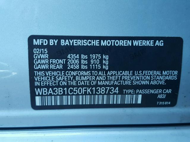 WBA3B1C50FK138734 - 2015 BMW 320 I SILVER photo 10