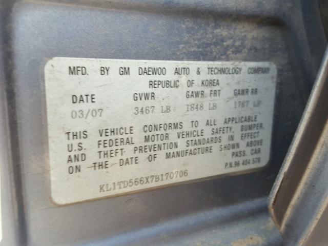 KL1TD566X7B170706 - 2007 CHEVROLET AVEO BASE Boz foto 10