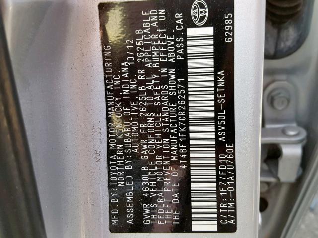 4T4BF1FK7CR262571 - 2012 TOYOTA CAMRY BASE SILVER photo 10
