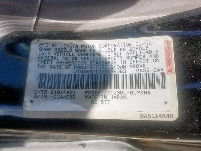 JTDDR32T220126363 - 2002 TOYOTA CELICA GT BLACK photo 10