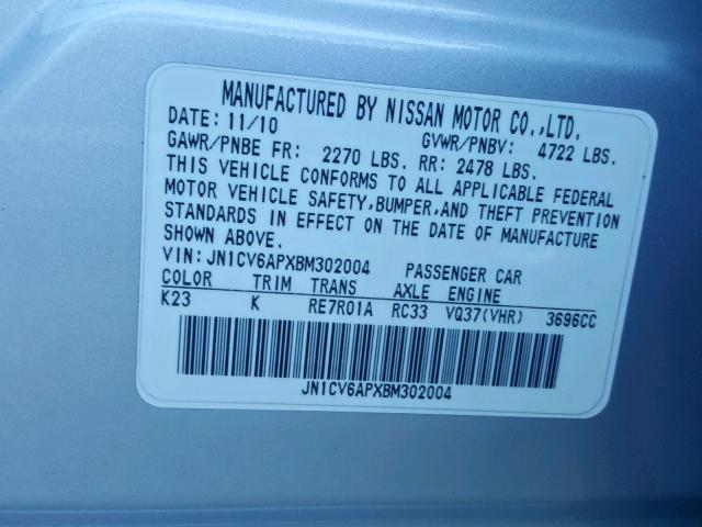 JN1CV6APXBM302004 - 2011 INFINITI G37 BASE SILVER photo 10