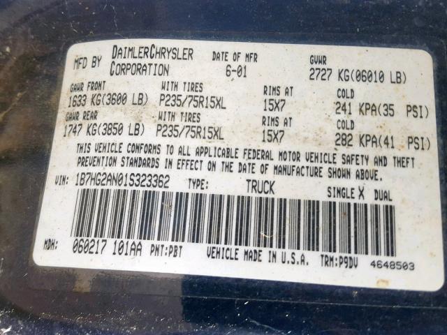 1B7HG2AN01S323362 - 2001 DODGE DAKOTA QUA BLUE photo 10