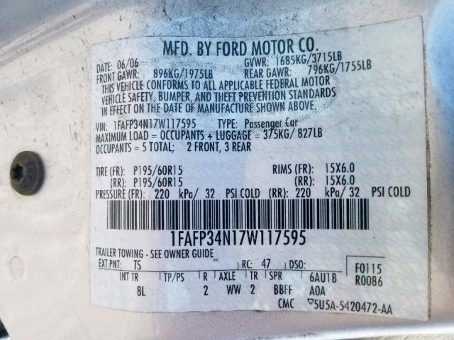 1FAFP34N17W117595 - 2007 FORD FOCUS ZX4 SILVER photo 10