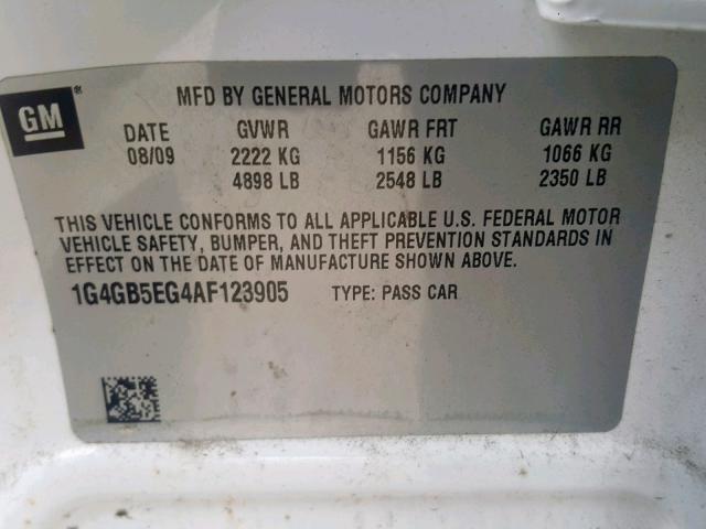 1G4GB5EG4AF123905 - 2010 BUICK LACROSSE C WHITE photo 10