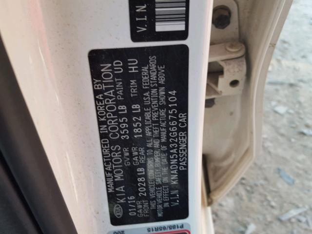 KNADN5A32G6675104 - 2016 KIA RIO EX WHITE photo 10