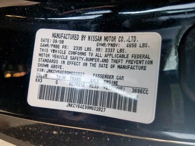 JNKCV64E99M602827 - 2009 INFINITI G37 BASE BLACK photo 10