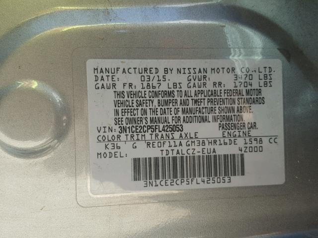 3N1CE2CP5FL425053 - 2015 NISSAN VERSA NOTE GRAY photo 10