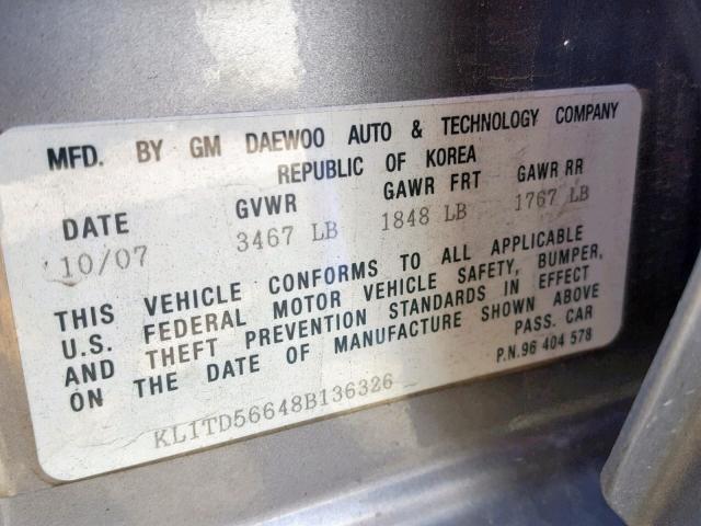 KL1TD56648B136326 - 2008 CHEVROLET AVEO BASE ნაცრისფერი ფოტო 10