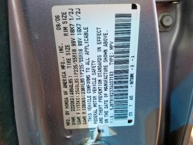 5J8TB18237A007193 - 2007 ACURA RDX SILVER photo 10