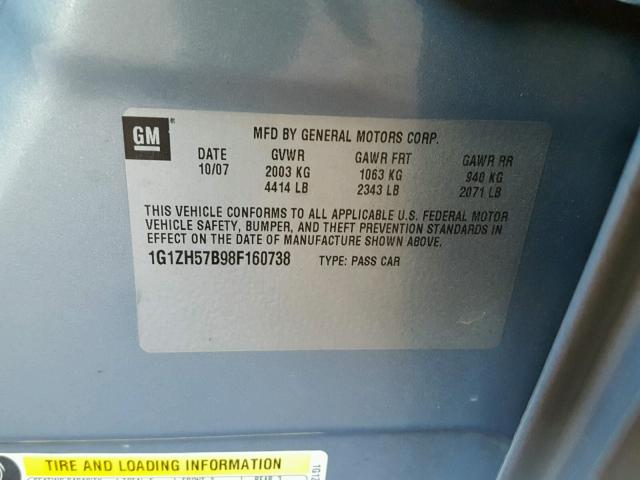 1G1ZH57B98F160738 - 2008 CHEVROLET MALIBU 1LT BLUE photo 10