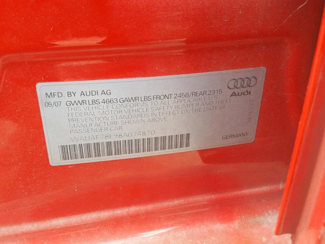 WAUAF78E98A074810 - 2008 AUDI A4 2.0T RED photo 10