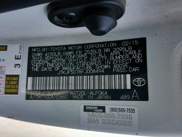 JTKJF5C76FJ008494 - 2015 TOYOTA SCION TC თეთრი ფოტო 10