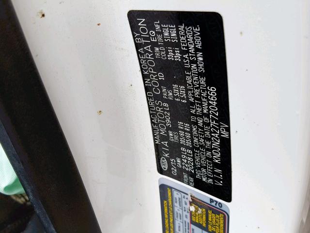 KNDJN2A27F7204666 - 2015 KIA SOUL WHITE photo 10