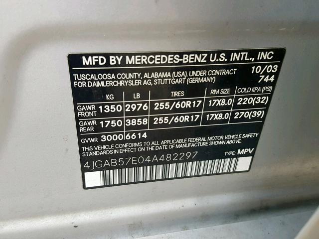 4JGAB57E04A482297 - 2004 MERCEDES-BENZ ML 350 SILVER photo 10