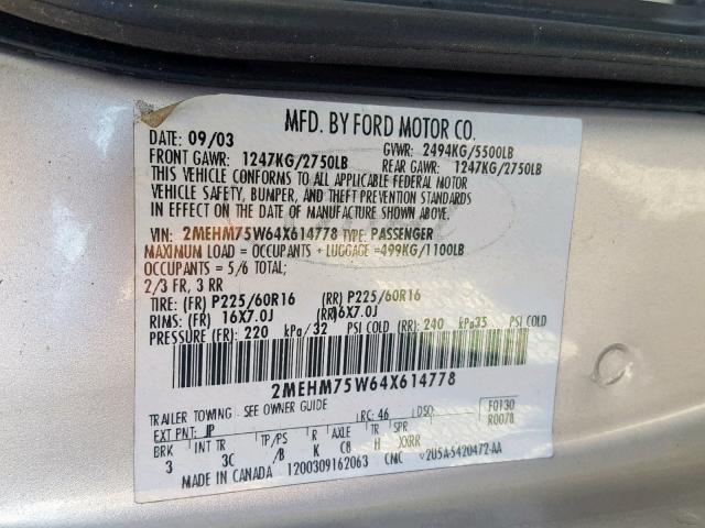 2MEHM75W64X614778 - 2004 MERCURY GRAND MARQ SILVER photo 10