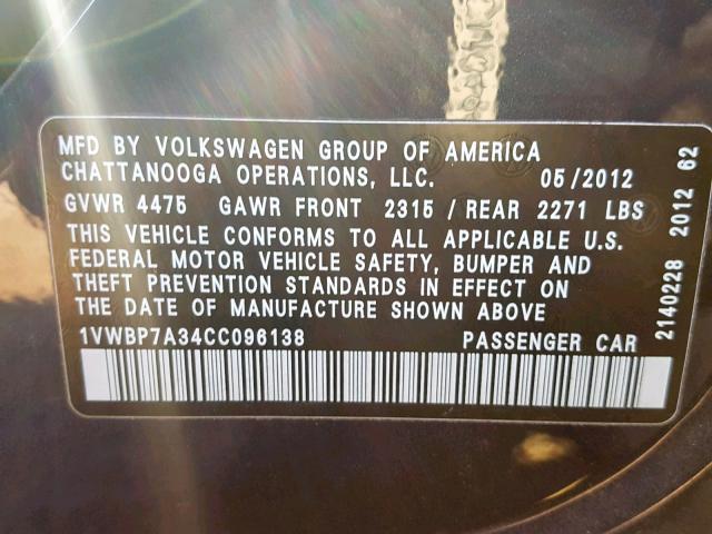 1VWBP7A34CC096138 - 2012 VOLKSWAGEN PASSAT SE BLUE photo 10