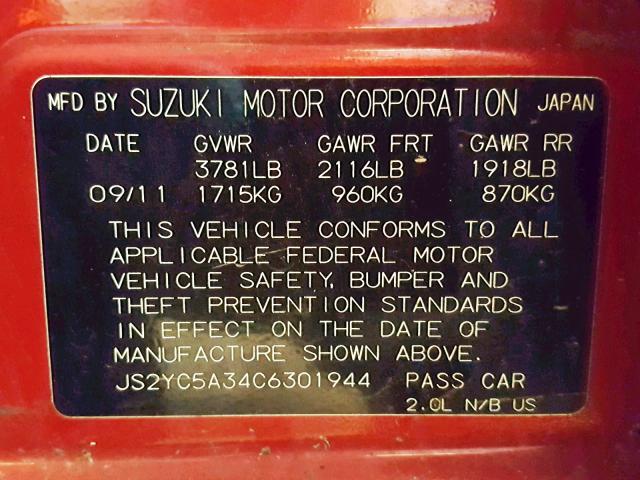 JS2YC5A34C6301944 - 2012 SUZUKI SX4 LE RED photo 10