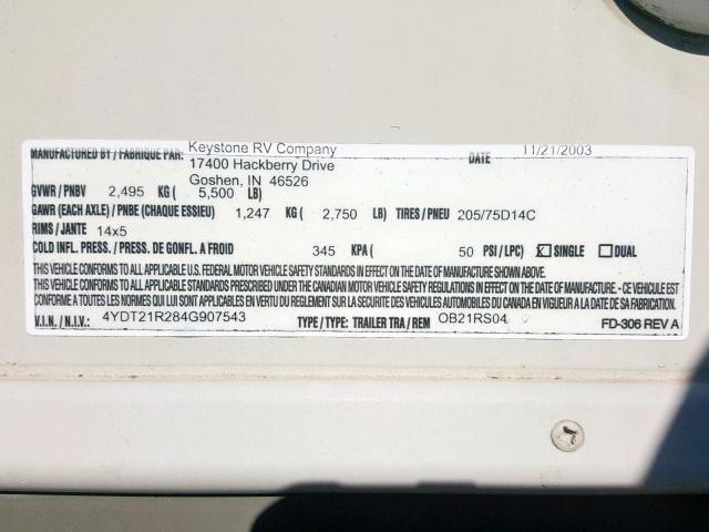 4YDT21R284G907543 - 2004 KEYSTONE OUTBACK WHITE photo 10