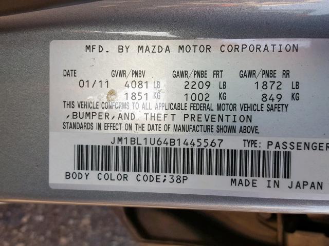 JM1BL1U64B1445567 - 2011 MAZDA 3 S GRAY photo 10