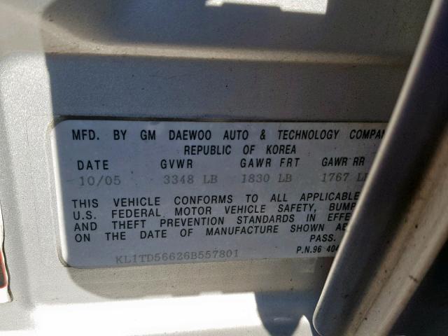 KL1TD56626B557801 - 2006 CHEVROLET AVEO BASE Күміс фото 10