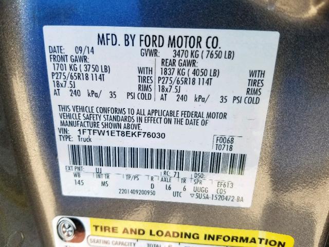 1FTFW1ET8EKF76030 - 2014 FORD F150 SUPER GRAY photo 10