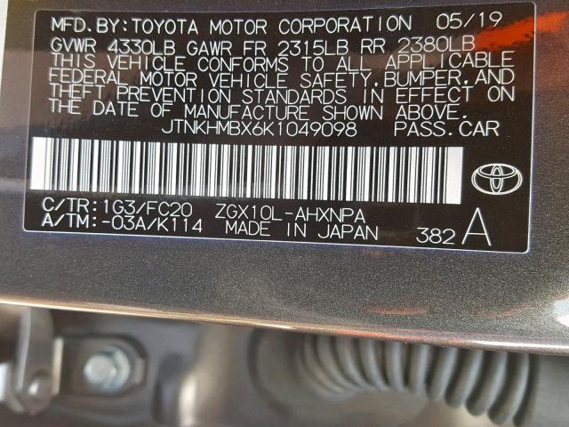 JTNKHMBX6K1049098 - 2019 TOYOTA C-HR XLE GRAY photo 10