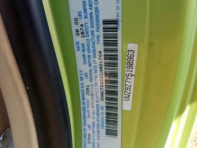3VWCT21C21M401764 - 2001 VOLKSWAGEN NEW BEETLE მწვანე ფოტო 10