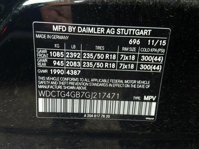 WDCTG4GB7GJ217471 - 2016 MERCEDES-BENZ GLA 250 4M BLACK photo 10