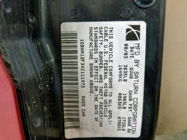 1G8AN12F34Z111473 - 2004 SATURN ION LEVEL RED photo 10