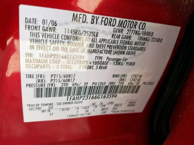 1FAHP23166G163594 - 2006 FORD FIVE HUNDR RED photo 10