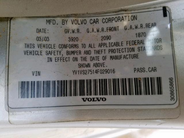 YV1VS27514F029016 - 2004 VOLVO S40 1.9T SILVER photo 10