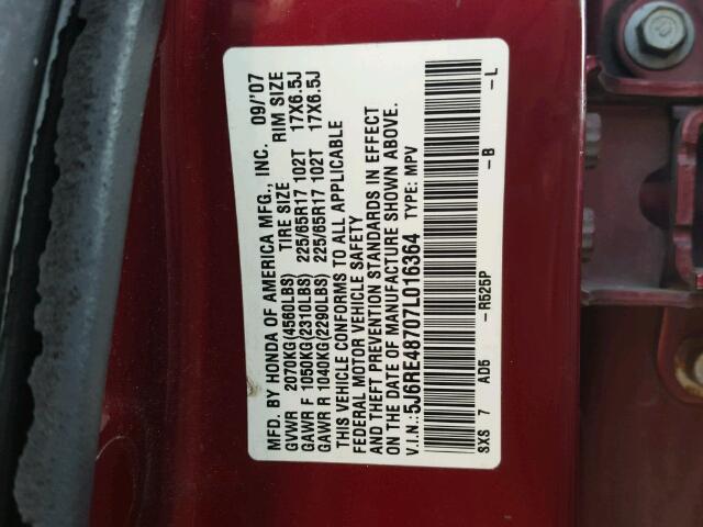 5J6RE48707L016364 - 2007 HONDA CR-V EXL MAROON photo 10