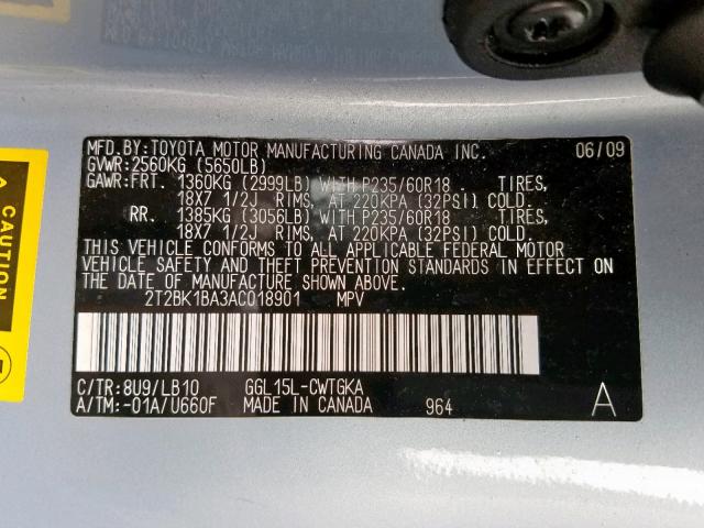 2T2BK1BA3AC018901 - 2010 LEXUS RX 350 BLUE photo 10