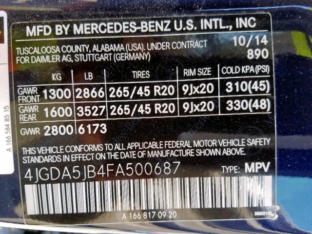 4JGDA5JB4FA500687 - 2015 MERCEDES-BENZ ML 350 BLUE photo 10