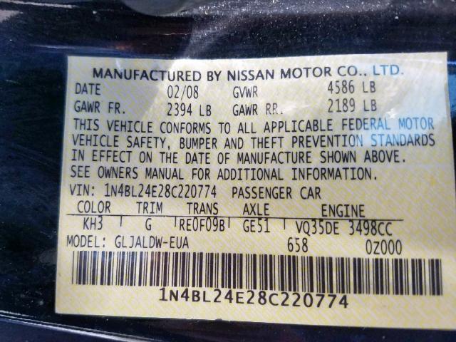 1N4BL24E28C220774 - 2008 NISSAN ALTIMA 3.5 BLACK photo 10