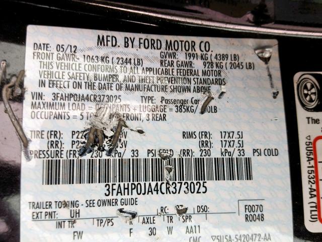 3FAHP0JA4CR373025 - 2012 FORD FUSION SEL BLACK photo 10