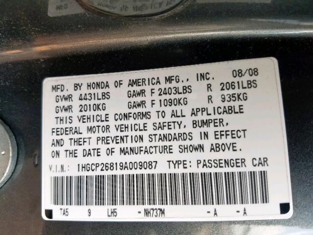 1HGCP26819A009087 - 2009 HONDA ACCORD EXL GRAY photo 10