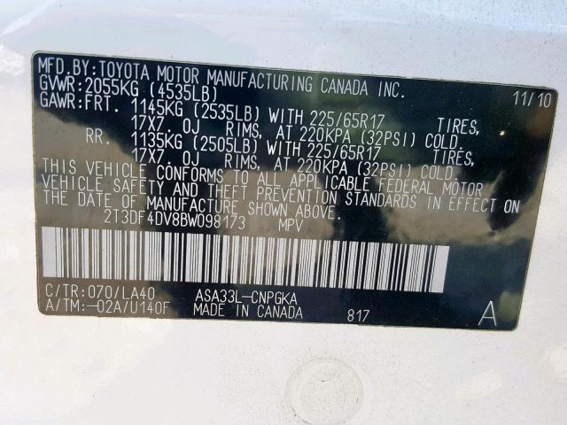 2T3DF4DV8BW098173 - 2011 TOYOTA RAV4 LIMIT WHITE photo 10