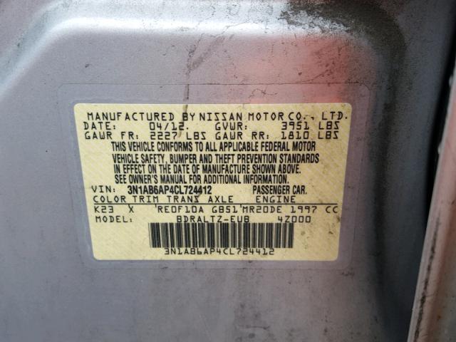 3N1AB6AP4CL724412 - 2012 NISSAN SENTRA 2.0 SILVER photo 10