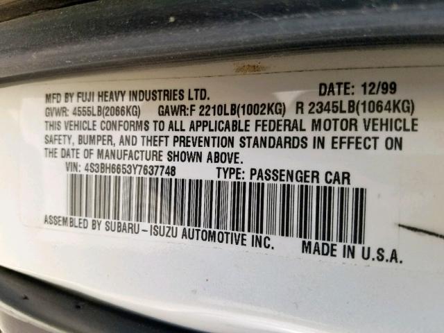 4S3BH6653Y7637748 - 2000 SUBARU LEGACY OUT WHITE photo 10