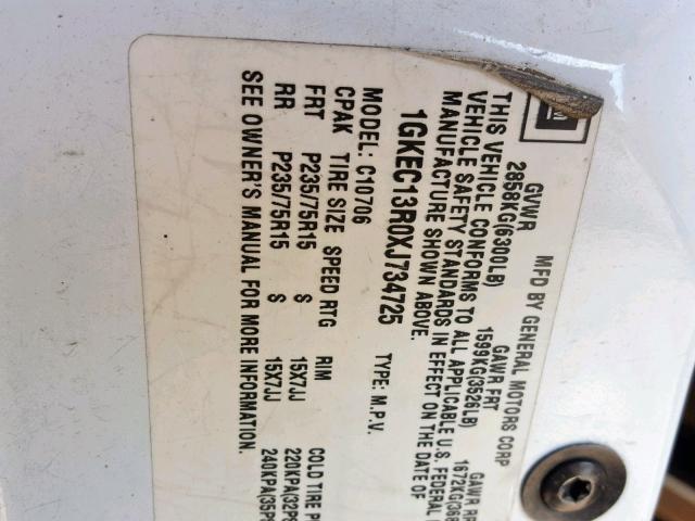 1GKEC13R0XJ734725 - 1999 GMC YUKON WHITE photo 10