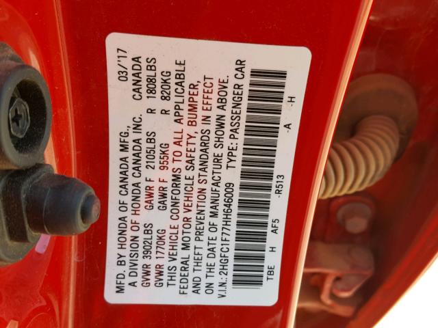 2HGFC1F77HH646009 - 2017 HONDA CIVIC EXL RED photo 10