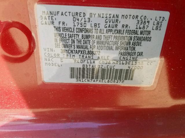 3N1CN7APXEL808372 - 2014 NISSAN VERSA S RED photo 10