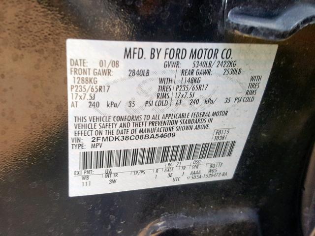 2FMDK38C08BA54609 - 2008 FORD EDGE SEL BLACK photo 10