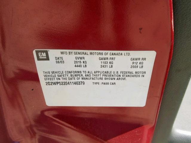 2G2WP522041146379 - 2004 PONTIAC GRAND PRIX BURGUNDY photo 10