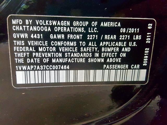 1VWAP7A37CC007464 - 2012 VOLKSWAGEN PASSAT S BLACK photo 10