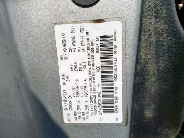 1D7HA18N33S279402 - 2003 DODGE RAM 1500 S SILVER photo 10