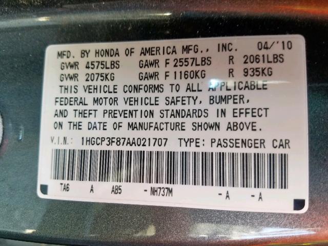 1HGCP3F87AA021707 - 2010 HONDA ACCORD EXL SILVER photo 10